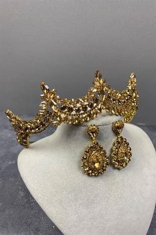 Honey Color Venetian Stone Bridal Henna Tiara and Drop Earrings Set