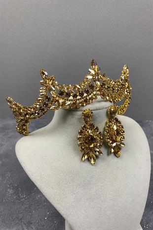 Honey Color Venetian Stone Bridal Henna Tiara and Stud Earrings Set