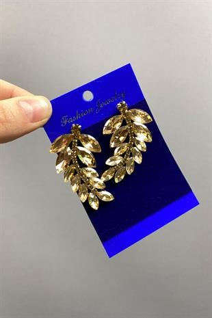 Bal Rengi Yaprak Desen Ela Abiye Taşlı Gelin Küpesi