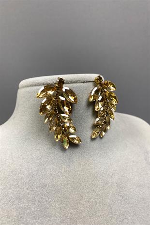 Bal Rengi Yaprak Desen Ela Abiye Taşlı Gelin Küpesi