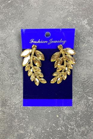 Bal Rengi Yaprak Desen Ela Abiye Taşlı Gelin Küpesi