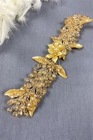إكسسوار للحجاب وشعر الزفاف مزين بأوراق الشجر بلون العسل والكريستال
