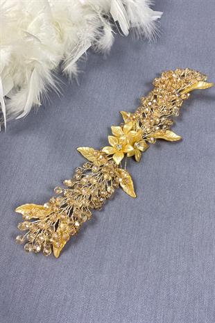 إكسسوار للحجاب وشعر الزفاف مزين بأوراق الشجر بلون العسل والكريستال