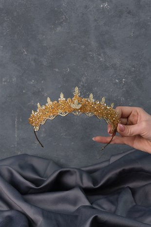 Bal RengiKristal Boncuklu Bade Gelin Tacı