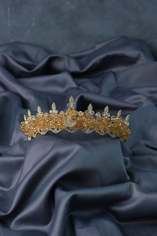 Bal RengiKristal Boncuklu Bade Gelin Tacı