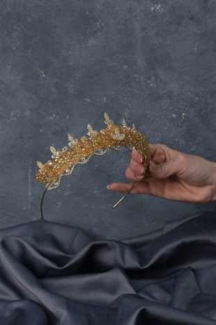 Bal RengiKristal Boncuklu Bade Gelin Tacı