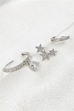 Baren Gümüş Yıldızlı Taşlı Çoklu Küpe