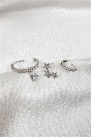 Baren Gümüş Yıldızlı Taşlı Çoklu Küpe