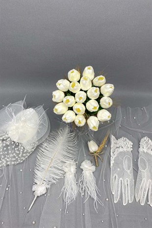 Spiked Wet Tulip Bridal Bouquet Wedding Hat and Bridal Gloves Set