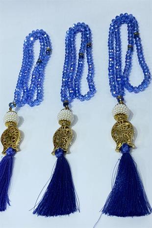 Bebe Mavi Hediyelik Laleli Püsküllü Kristal Boncuklu 99 Lu Namaz Tesbihi ( Mevlüt-sünnet-hac-umre)