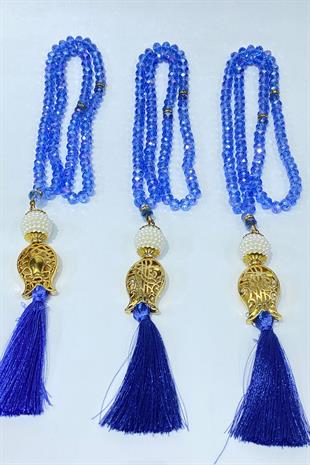 Bebe Mavi Hediyelik Laleli Püsküllü Kristal Boncuklu 99 Lu Namaz Tesbihi ( Mevlüt-sünnet-hac-umre)