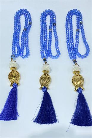 Bebe Mavi Hediyelik Laleli Püsküllü Kristal Boncuklu 99 Lu Namaz Tesbihi ( Mevlüt-sünnet-hac-umre)