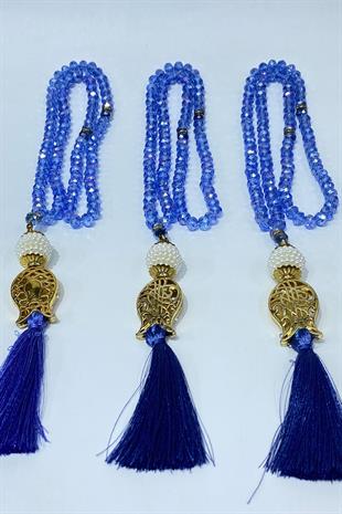 Bebe Mavi Hediyelik Laleli Püsküllü Kristal Boncuklu 99 Lu Namaz Tesbihi ( Mevlüt-sünnet-hac-umre)