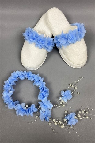 Bebe Blue Laser Floral Pearl Crown and Postpartum Slippers Set