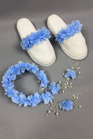 Bebe Blue Laser Floral Pearl Crown and Postpartum Slippers Set