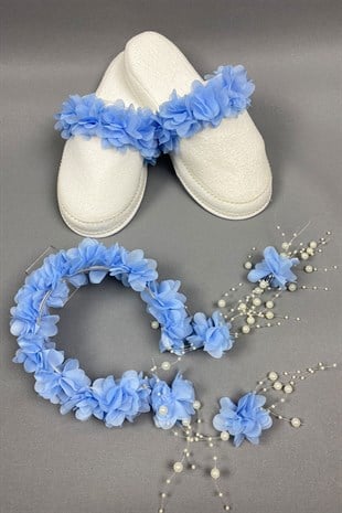 Bebe Blue Laser Floral Pearl Crown and Postpartum Slippers Set