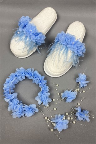 Bebe Blue Laser Floral Crown and Feathered Postpartum Slippers Set