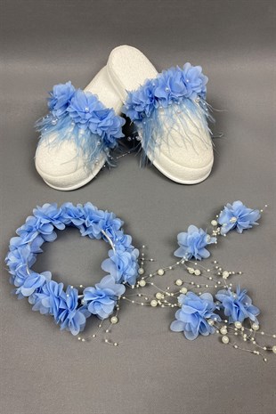 Bebe Blue Laser Floral Crown and Feathered Postpartum Slippers Set