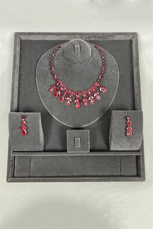 Beety Taşlı Kolye Küpe Seti Bordo