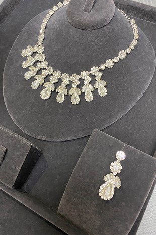 Beety Stone Necklace Earring Set Silver