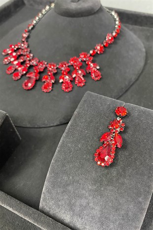 Beety Stone Necklace Earring Set Red