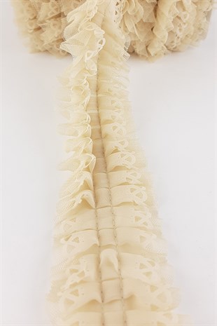 Bej Rengi Dantelli Plise Fırfır