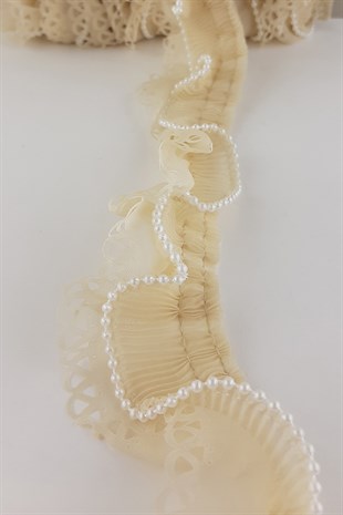 Bej Rengi İncili Plise Fırfır