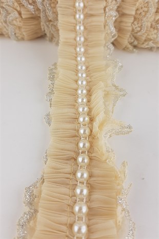 Bej Rengi İncili Sim Dantel Plise Fırfır