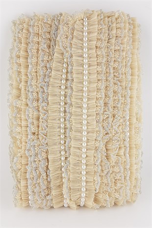 Bej Rengi İncili Sim Dantel Plise Fırfır