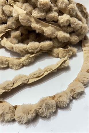 Bej Rengi Peluş Şerit Ponpon,Tavşan Kuyruğu Ponpon,Peluş Ponpon 1 mt