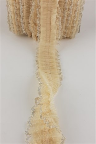 Bej Rengi Sim Dantelli Plise Fırfır