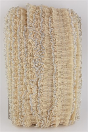 Bej Rengi Sim Dantelli Plise Fırfır