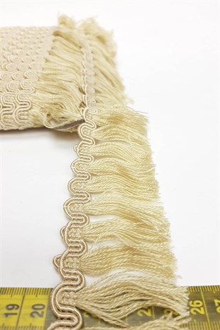 Bej Su Yolu Desenli Şerit Püskül 5 cm