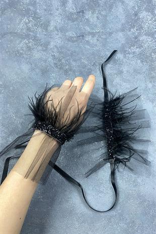 Beren Tüylü Gelin Bilek Çift El Aksesuarı