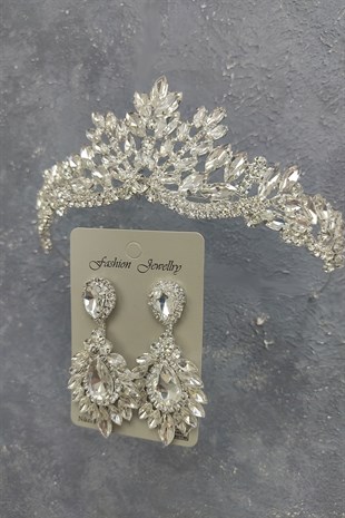 Berlin Model Gelin Tacı Ve Damla Mekik Taşlı Küpe