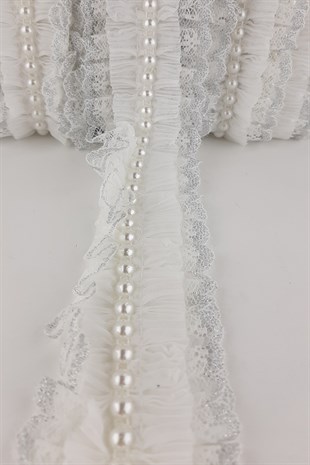 Beyaz  İncili Sim Dantel Plise Fırfır