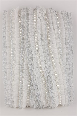 Beyaz  İncili Sim Dantel Plise Fırfır