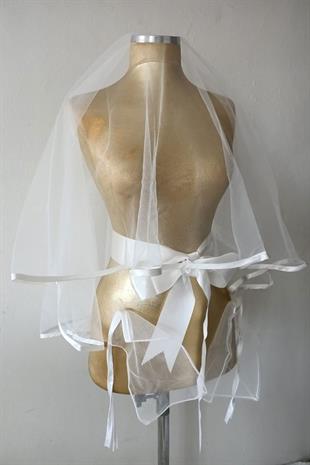 Beyaz Biyeli Zarif Sade Tasarım Gelin Kına Yüz Örtüsü