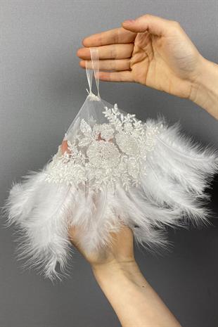 White Bead Embroidered Vip Hairy Design Bridal Halay Handkerchief 1 Piece