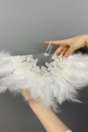 White Bead Embroidered Vip Hairy Design Bridal Halay Handkerchief 1 Piece