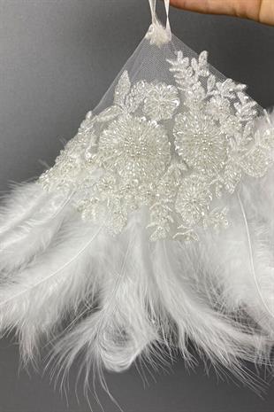 White Bead Embroidered Vip Hairy Design Bridal Halay Handkerchief 1 Piece