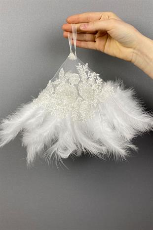 White Bead Embroidered Vip Hairy Design Bridal Halay Handkerchief 1 Piece