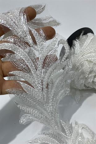 Beyaz Boncuk İşlemeli Yaprak Desenli Geniş Şerit Aplik 1 Metre