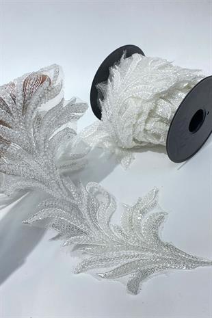Beyaz Boncuk İşlemeli Yaprak Desenli Geniş Şerit Aplik 1 Metre