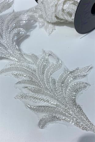 Beyaz Boncuk İşlemeli Yaprak Desenli Geniş Şerit Aplik 1 Metre