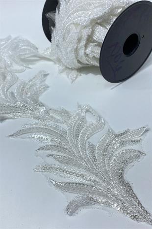 Beyaz Boncuk İşlemeli Yaprak Desenli Geniş Şerit Aplik 1 Metre