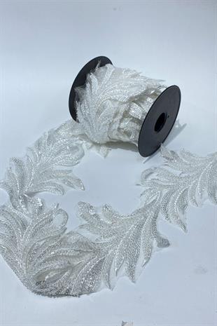 Beyaz Boncuk İşlemeli Yaprak Desenli Geniş Şerit Aplik 1 Metre