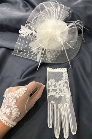 White Beaded Gloves Polka Dot Voile Wedding Hat Face Veils