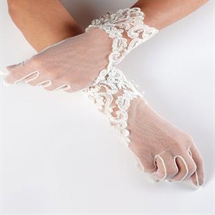 الجملة الدانتيل الزهور البيضاء منقوشة قفازات الزفاف
