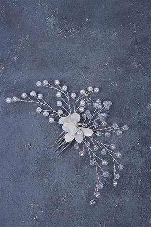 White Flower, Pearl and Crystal Bead Bridal Tiara, Side Comb Hair Clip, Henna, Engagement Hair Accessory